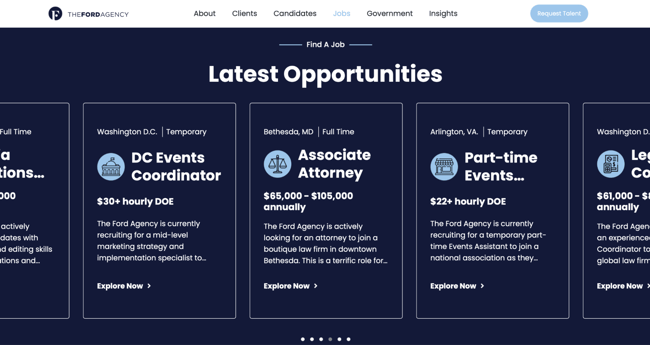 The Ford Agency recruitment website design Industries grid naming Washington DC sectors like associations and public policy