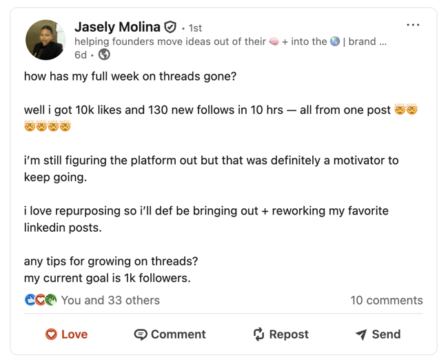 a screenshot of jasely molina's linkedin post