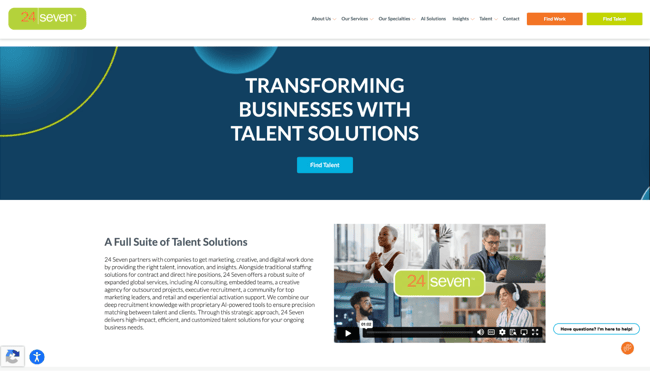 24 Seven recruitment website design with a navy hero headline and dual Find Work and Find Talent navigation buttons 