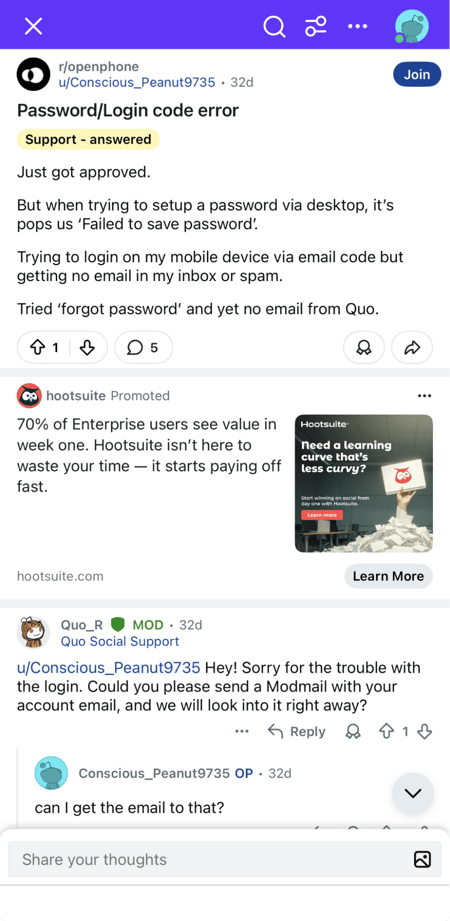 a screenshot of an OpenPhone reddit thread, showcasing a relevant example of reddit marketing