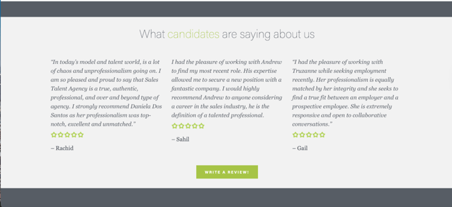 Sales Talent Agency recruitment website design showing candidate testimonials with five-star reviews