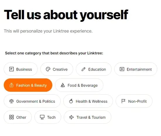 Linktrees Tell us about yourself page. 