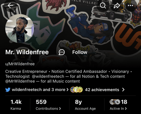 a screenshot of Notion��s Reddit ambassador profile, Mr. Wildenfree, showcasing a relevant example of Reddit marketing