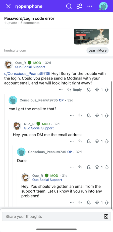 a screenshot of an OpenPhone reddit thread, showcasing a relevant example of reddit marketing