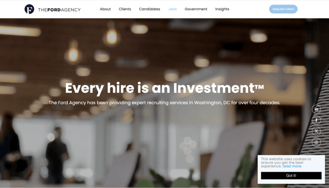 The Ford Agency recruitment website design with an Every Hire Is an Investment video hero 