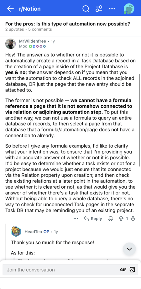 a screenshot of a Notion Reddit thread, moderated by Mr. Wildenfree, showcasing a relevant example of Reddit marketing