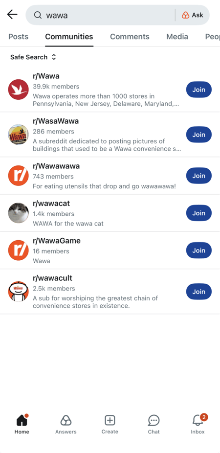 a screenshot of a search for wawa, showcasing what this looks like for reddit marketers