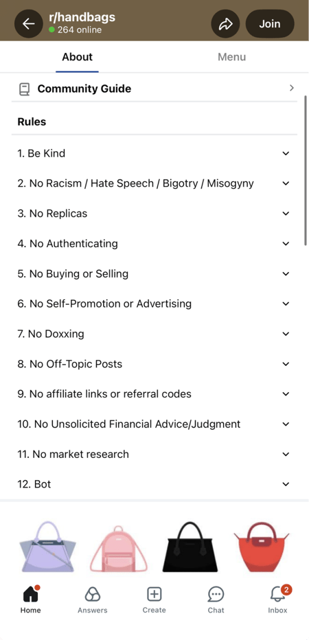 a screenshot of rules from the r/handbag subreddit, showcasing what reddit marketing looks like