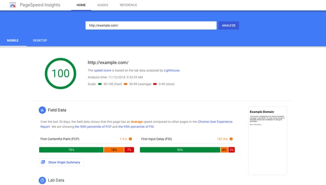 Screenshot showing SEO tool, Google PageSpeed Insights.