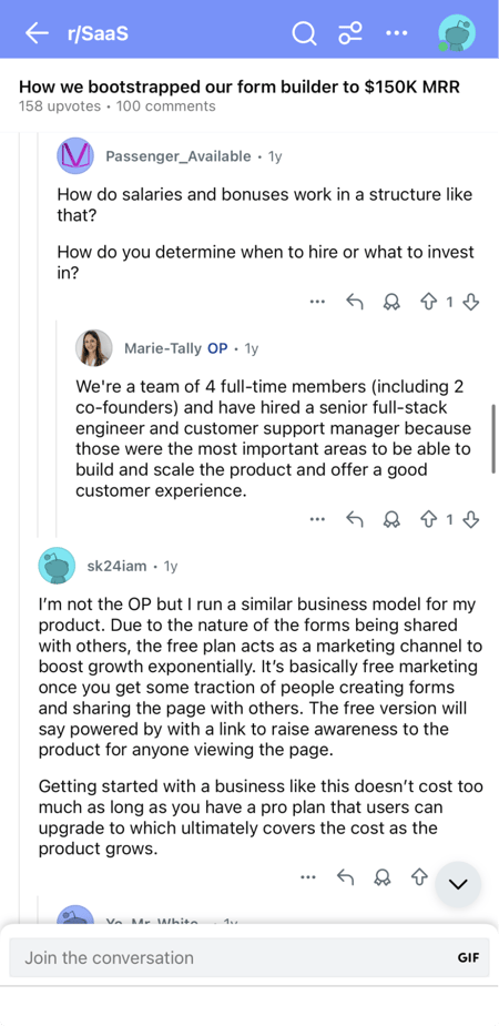 a screenshot of a response from the founder of Tally, a form building tool, on a reddit thread, showcasing a high-quality example of reddit marketing for marketers