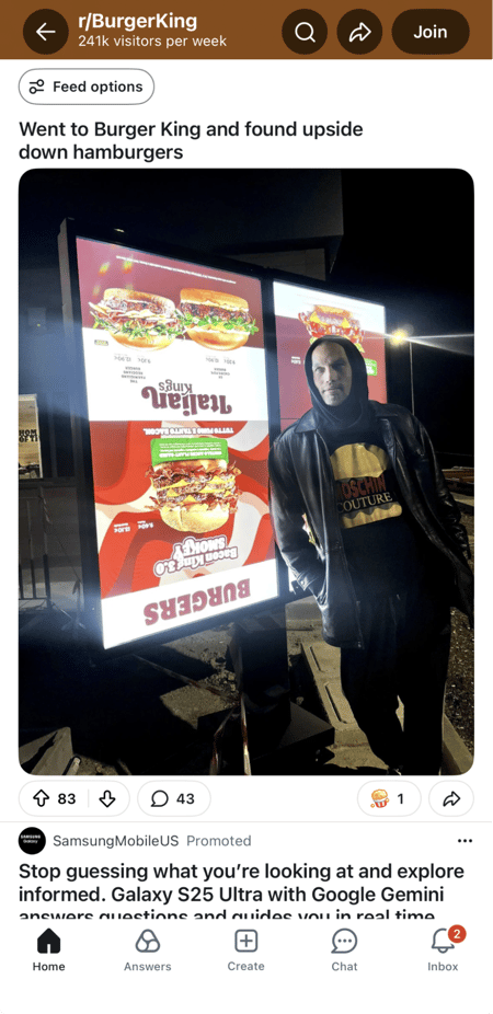 a screenshot of the burger king subreddit, showcasing what this looks like for reddit marketers