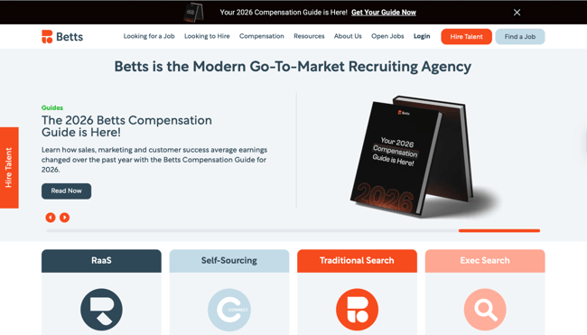 Betts website homepage showing 2026 Compensation Guide feature with Hire Talent and Find a Job buttons