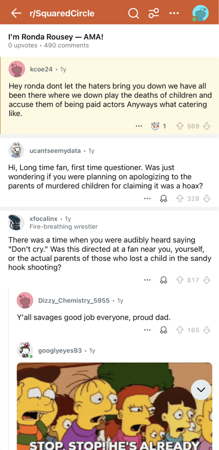 a screenshot of reddit thread by ronda rausey, highlighting critiques from real reddit users, showcasing what reddit marketing looks like