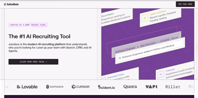 uicebox recruitment website design with an AI recruiting tool headline and a product demo of candidate match cards