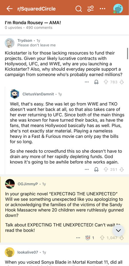 a screenshot of reddit thread by ronda rausey, highlighting critiques from real reddit users, showcasing what reddit marketing looks like
