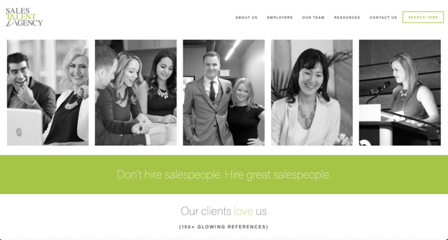 Sales Talent Agency recruitment website design with a black-and-white photo filmstrip and a green tagline band