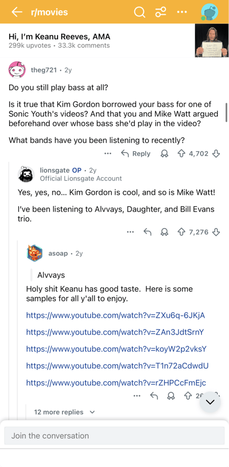 a screenshot of Lionsgate��s AMA with Keanu Reeves, showcasing a relevant example of Reddit marketing