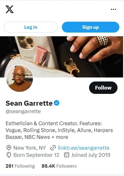 Sean Garrettes Twitter bio with a Linktree URL.