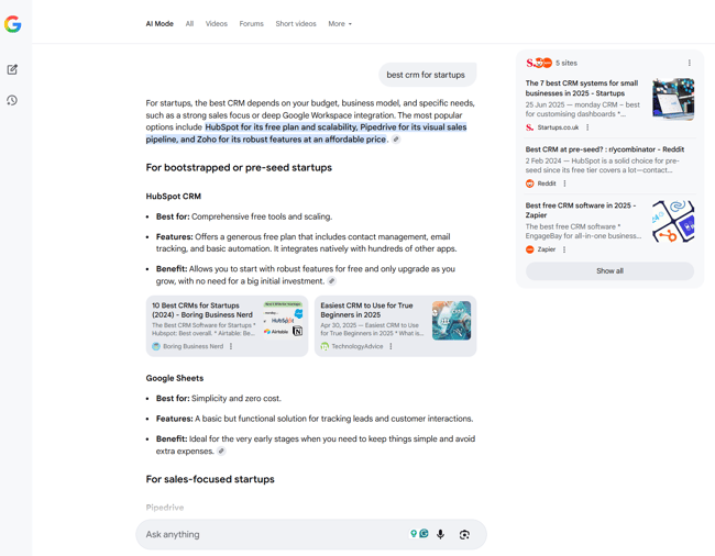 screenshot shows why listicle backlinks are important in ai mode. i searched “best crm for startups,” and the first recommendation was hubspot, but the sources are third-party.