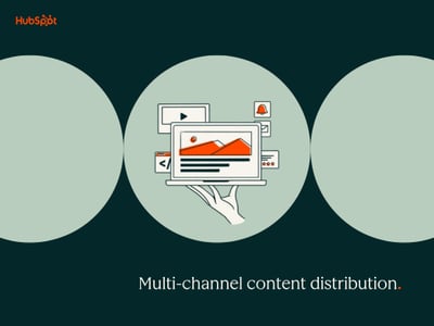 a HubSpot-branded featured image with a dark green background and light green circles in the foreground, with the words ‘multi-channel content distribution’ in the bottom right corner and a pictogram of a computer with several little screens surrounding it in the center of the image