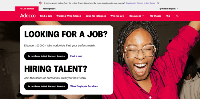 Adecco recruitment website design For Employers tab with a Support You Can Count On hero