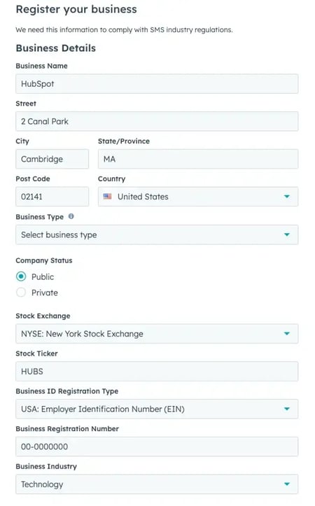 sms marketing: hubspot screenshot of business registration form for sms43-35-2533-PM