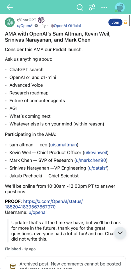 a screenshot of OpenAI��s AMA Reddit thread, showcasing a relevant example of Reddit marketing