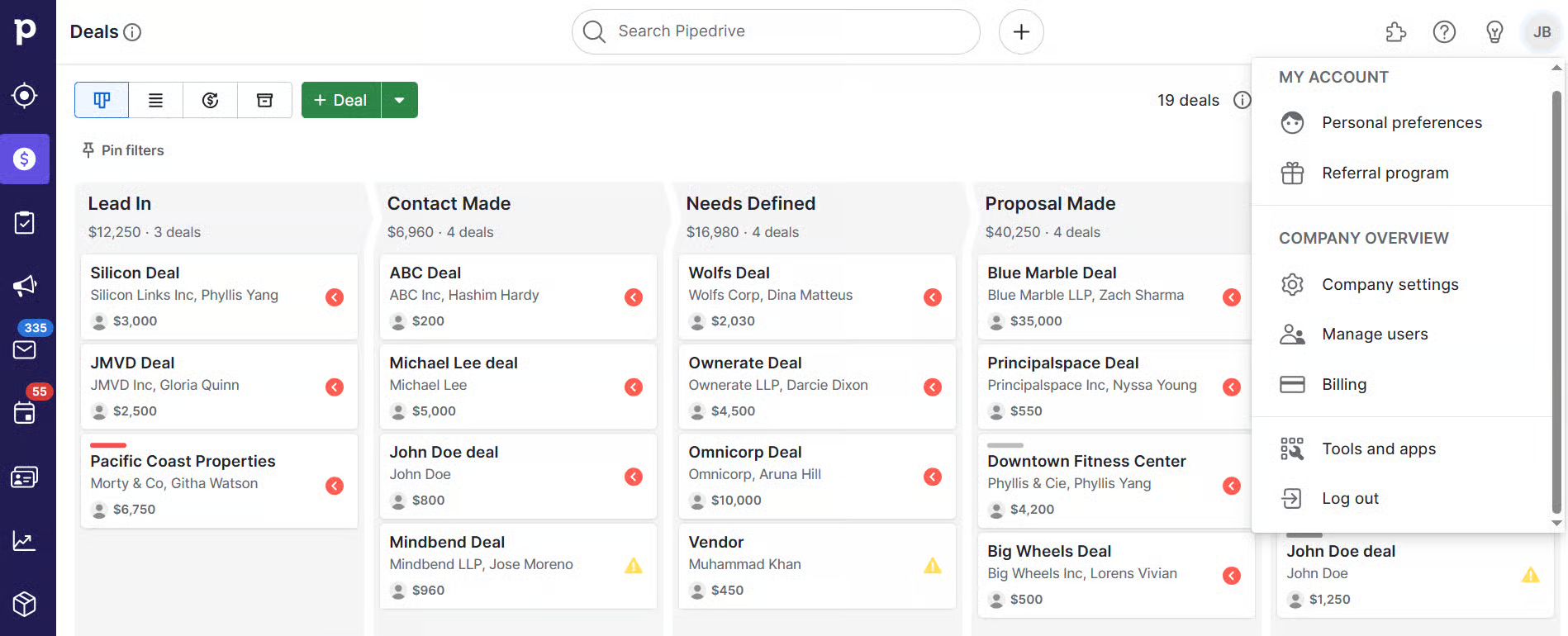 a screenshot of pipeline’s CRM user interface