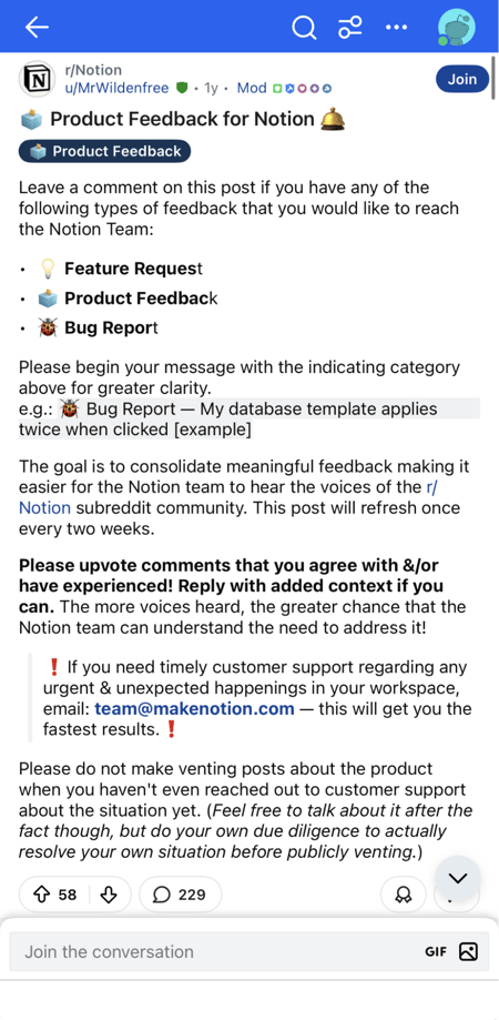 a screenshot of a Notion Reddit thread, moderated by Mr. Wildenfree, showcasing a relevant example of Reddit marketing