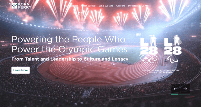 Korn Ferry recruitment website design with a video hero spotlighting its LA28 Olympics talent partnership