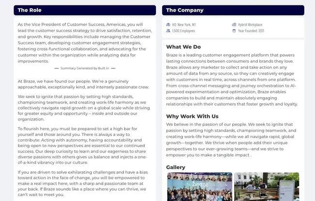 Job posting page for VP of Customer Success role at Braze company