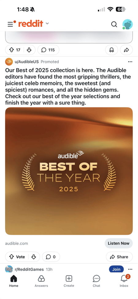 a screenshot of a promoted post from audible on reddit, showcasing what paid reddit marketing looks like