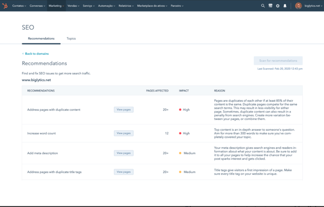 HubSpot’s SEO tool, SEO recommendations showing prioritized seo recommendations