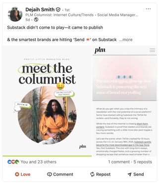 a screenshot of dejaih smith's linkedin post