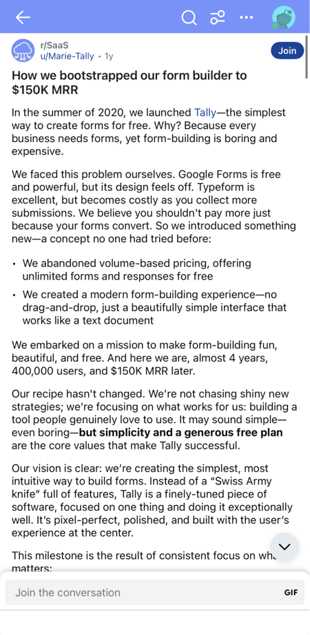 a screenshot of a post from the founder of Tally, a form building tool, on reddit, showcasing a high-quality example of reddit marketing for marketers