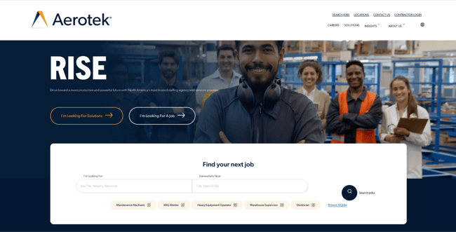Aerotek recruitment website design with a RISE hero headline, dual audience buttons, and an in-hero job search bar