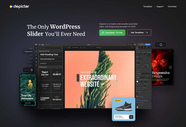 Depicter plugin landing page with CTA button to Download for free
