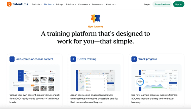 TalentLMS learning management platform showing course creation, learner engagement, and progress tracking features
