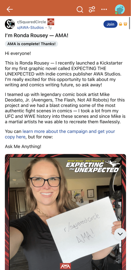 a screenshot of an AMA from reddit by ronda rausey, showcasing what reddit marketing looks like