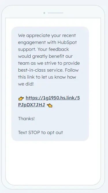SMS marketing example from HubSpot of a customer feedback request