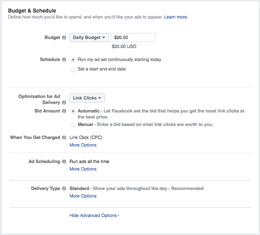 Instagram ads budget and scheduling options.