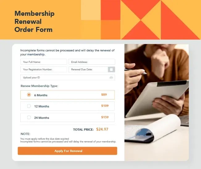 Order Form: membership renewal example