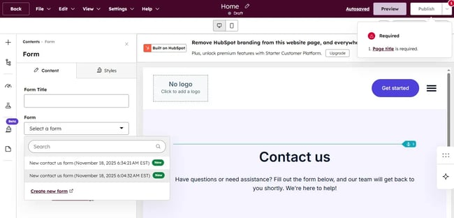 import prebuilt forms to the for pages on HubSpot