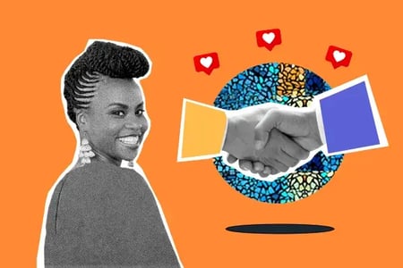 Inclusion as a customer acquisition strategy graphic with a picture of people shaking hands and liking on social media