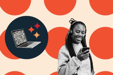 inclusive design: image shows person with a phone in their hand and a laptop nearby