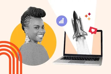 Inclusive ecommerce website examples graphic with creator Sonia Thompson and symbols for growth