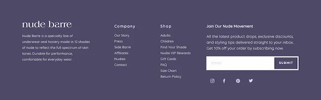 What is information architecture example: Nude barre footer menu
