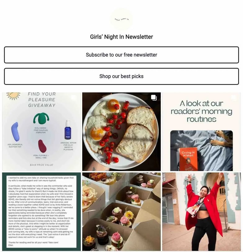 instagram marketing for small business, the link section from Girls Night In Clubs Instagram profile directs followers to several links in one place.