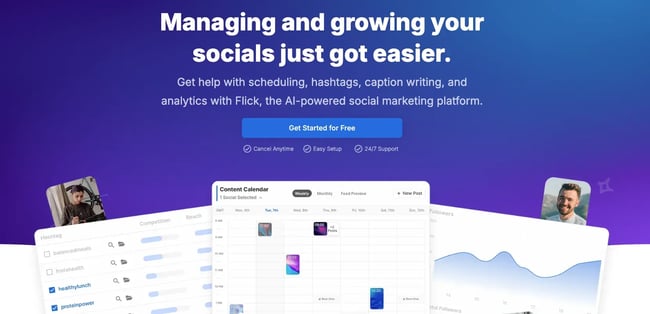 instagram ai tools �� Flick AI social media assistant Iris showing content calendar and caption generation for Instagram