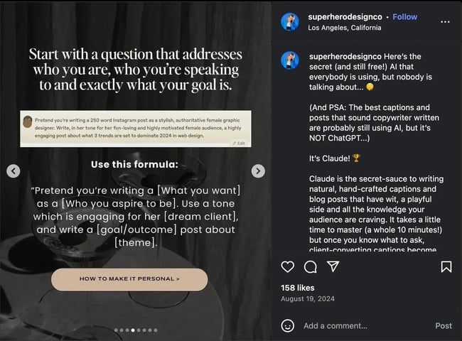 instagram ai tools �� Claude AI prompt by Melissa Lunt of Superhero Design showing iterative caption drafting process